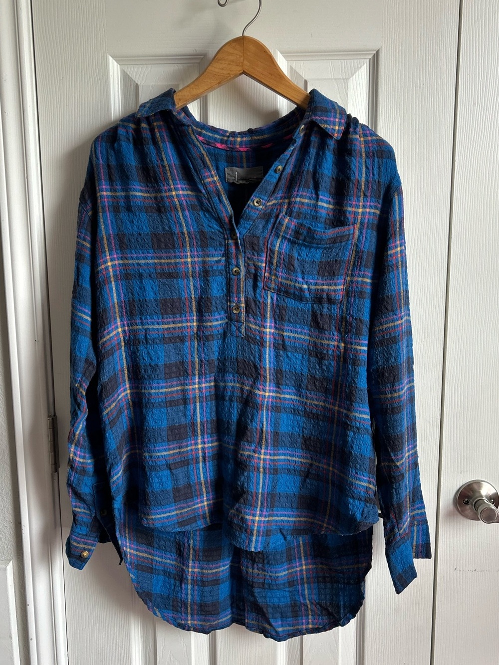 Anthropologie oversized blue plaid high low long sleeve collard shirt